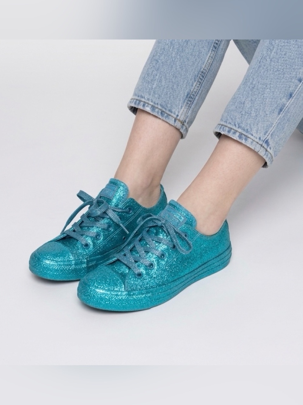 Chuck Taylor Converse All-Star Low-Top Glitter Teal Blue Sneakers Athletic Shoes